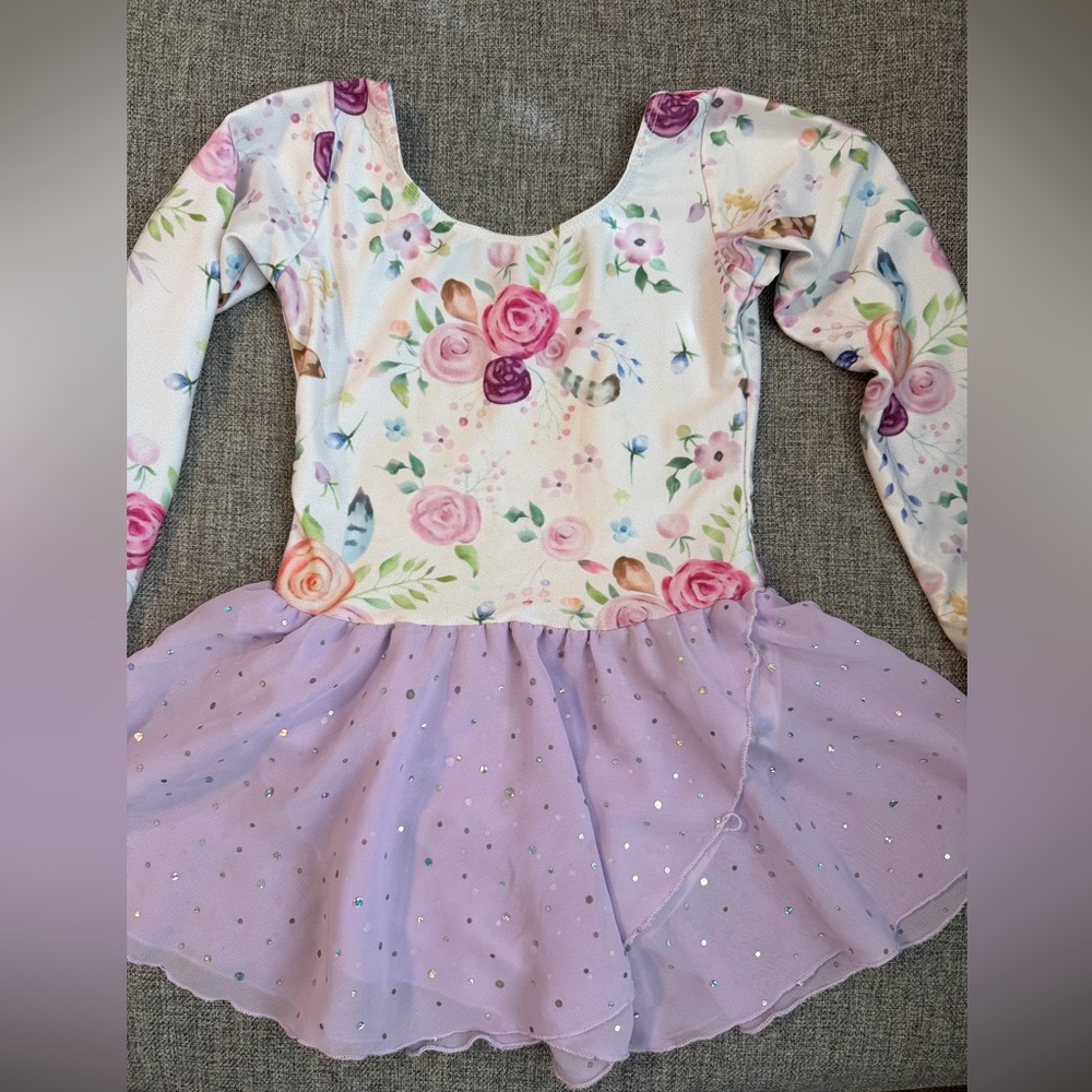 Shiner Floral Kids Dance Dress with Purple glitter Skirt size 130 (4-5) GUC